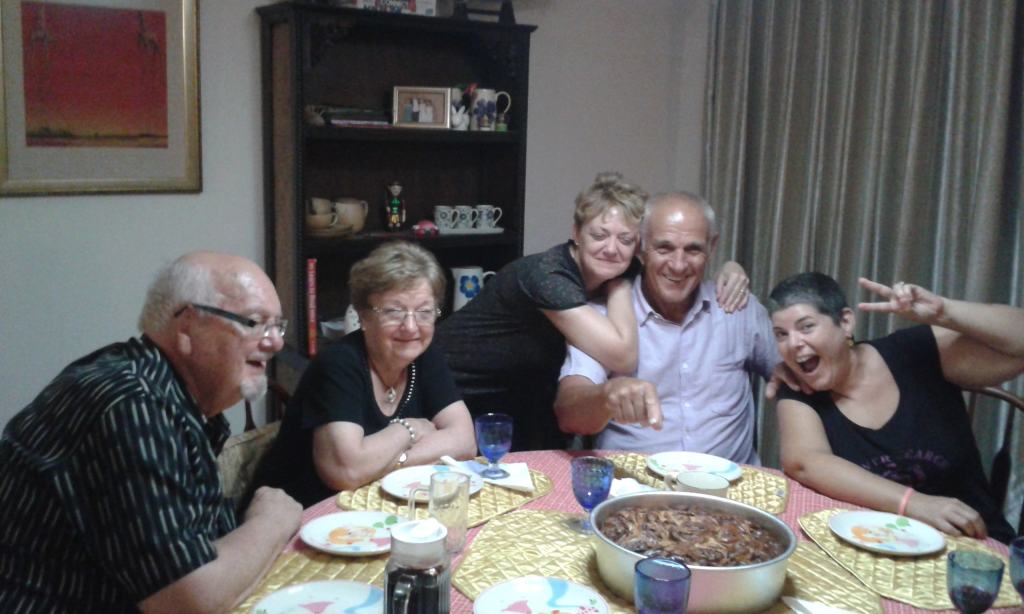 Friday night, a huge yeast cake, Sharon, John and Sharon's wonderful parents